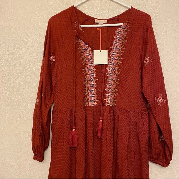 Knox rose red Balloon Long Sleeve Embroidered boho tassel oversized Dress -S - Picture 4 of 13